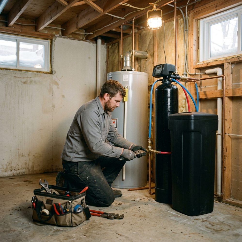 The carbon and softener tanks tied into the main line beside the water heater